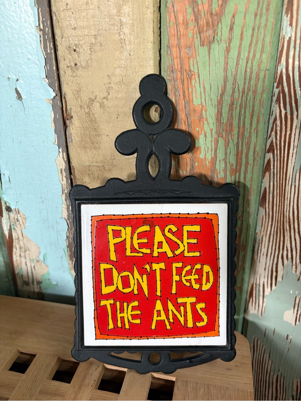 Vintage Cast Iron Tile Trivet Don’t Feed the Ants wall hanging trivet
